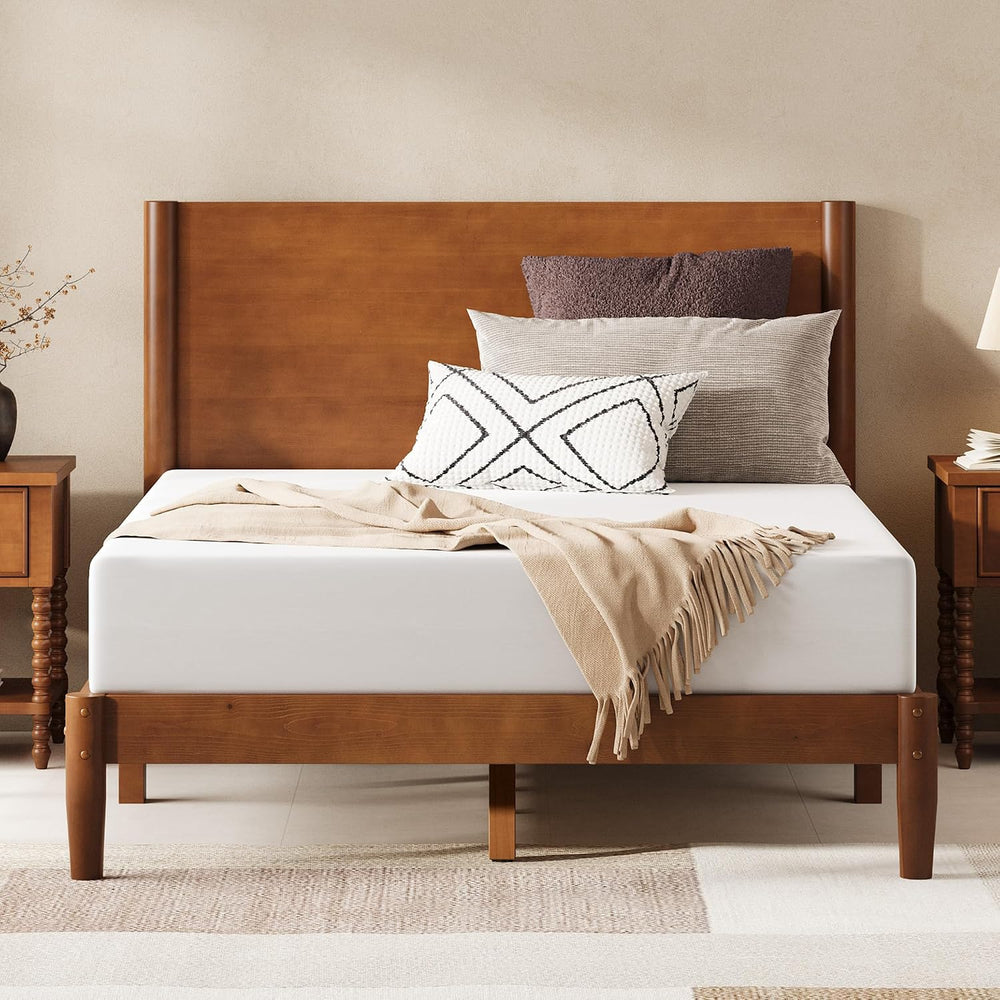 AMERLIFE Solid Wood Full Bed Frame, Mid Century Bed with Headboard, Brown