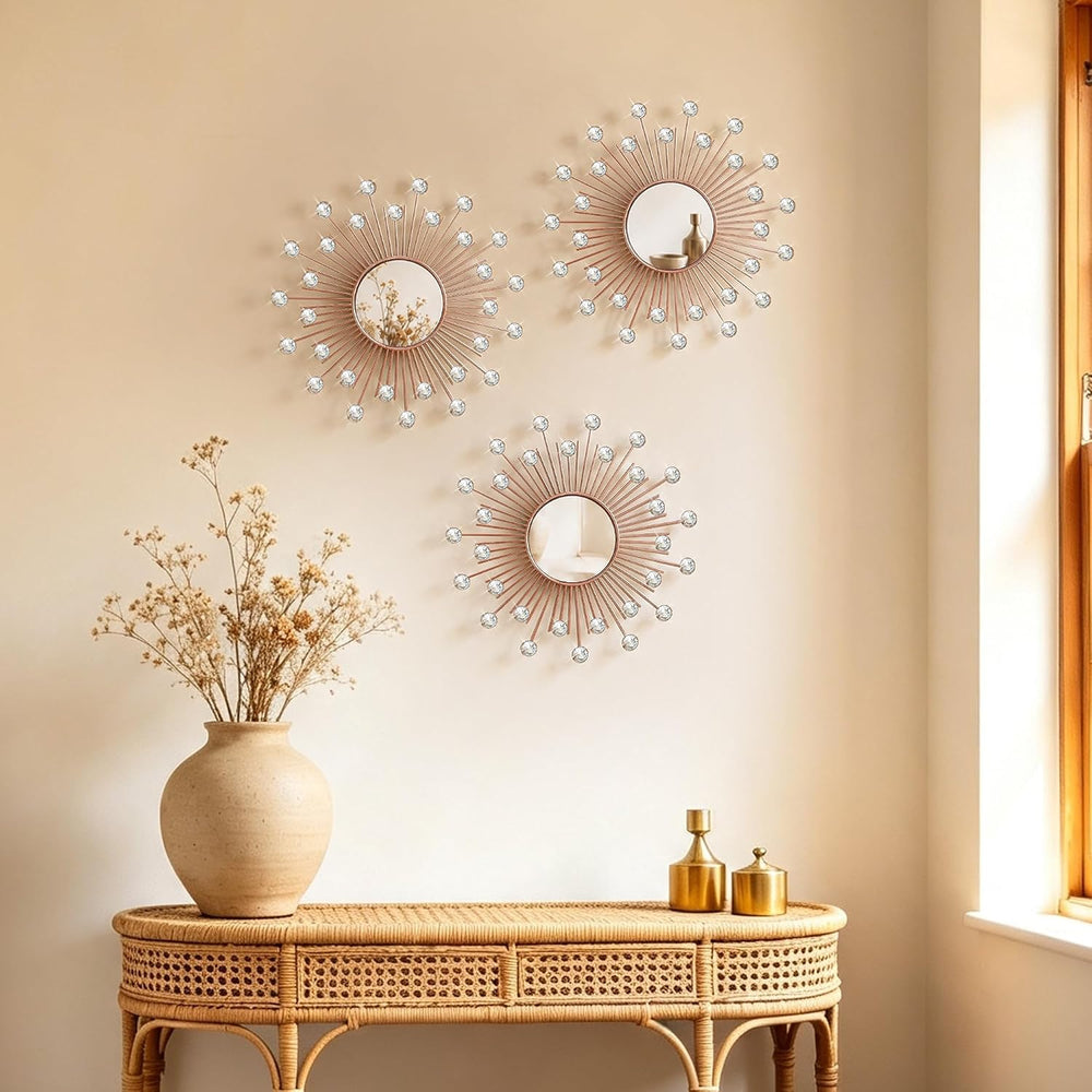 3 Pack Metal Mirrors for Wall Sunburst Wall Mirror Rose Gold Crystal Dรฉcor