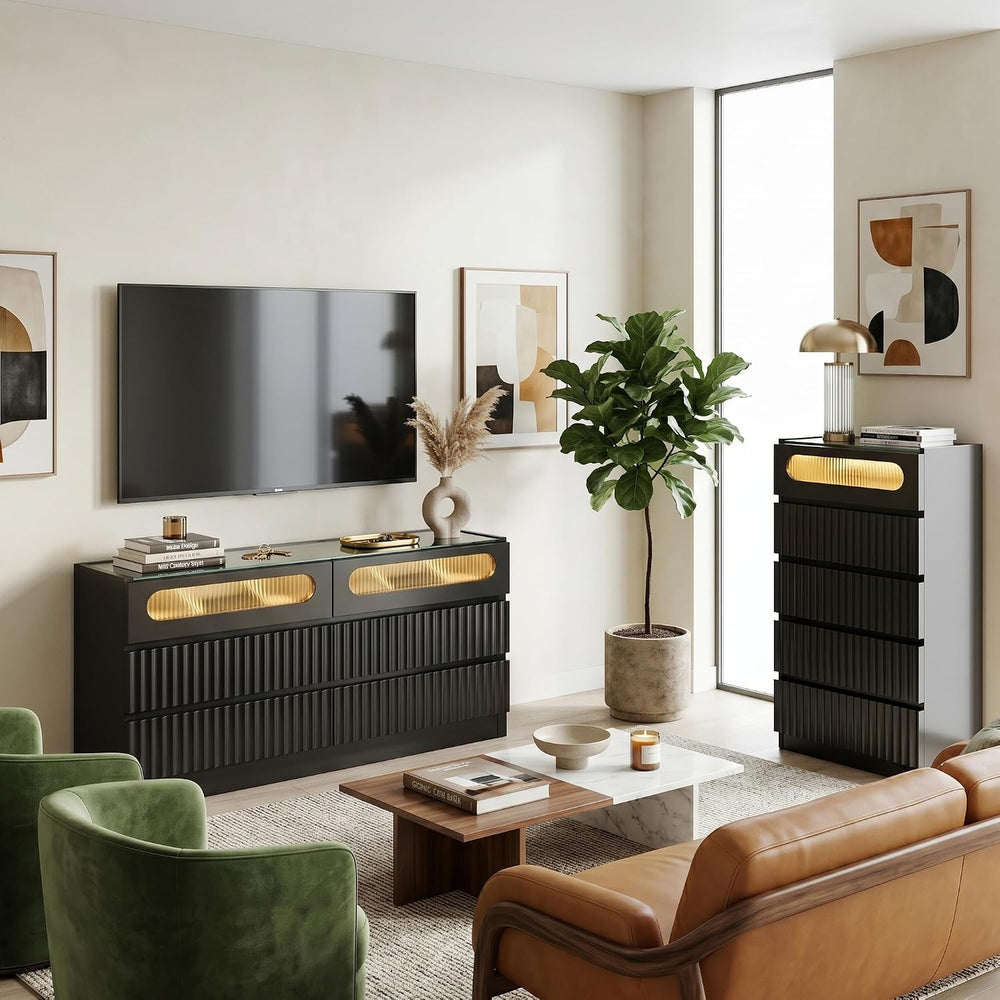 senlin Fluted 6 Drawer Dresser,Modern Chest of Drawers,Black