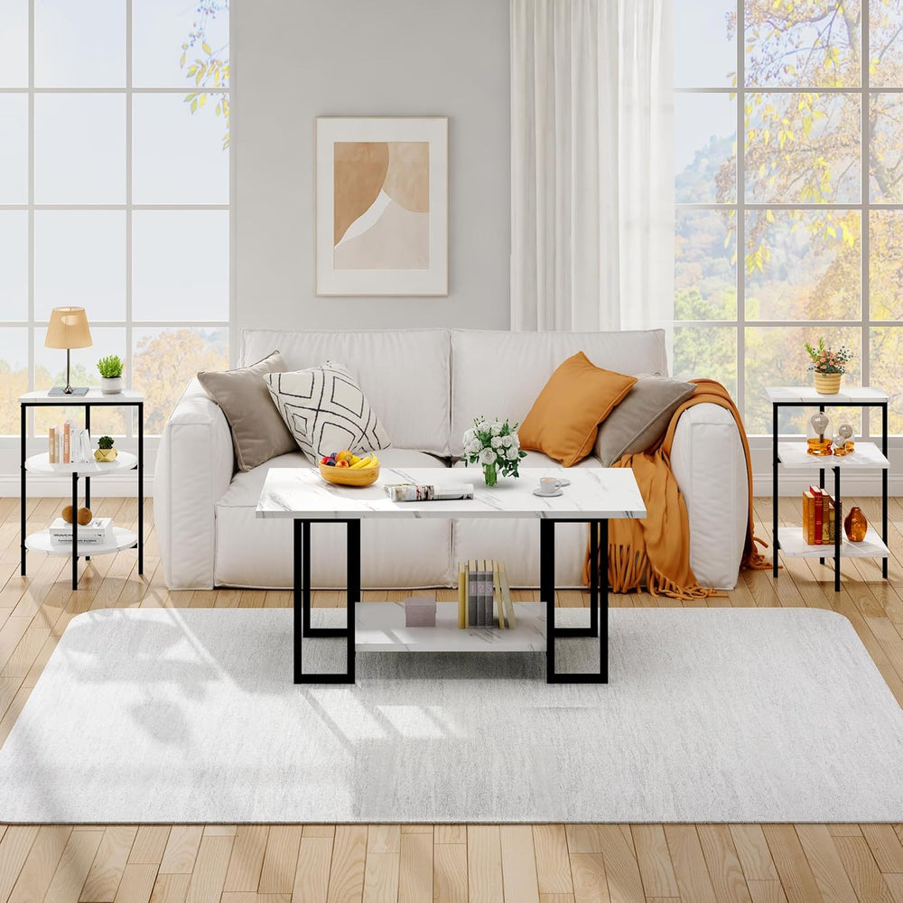 AWQM Coffee Table Set, Faux Marble Table & 2 Side Table, White & Blac...