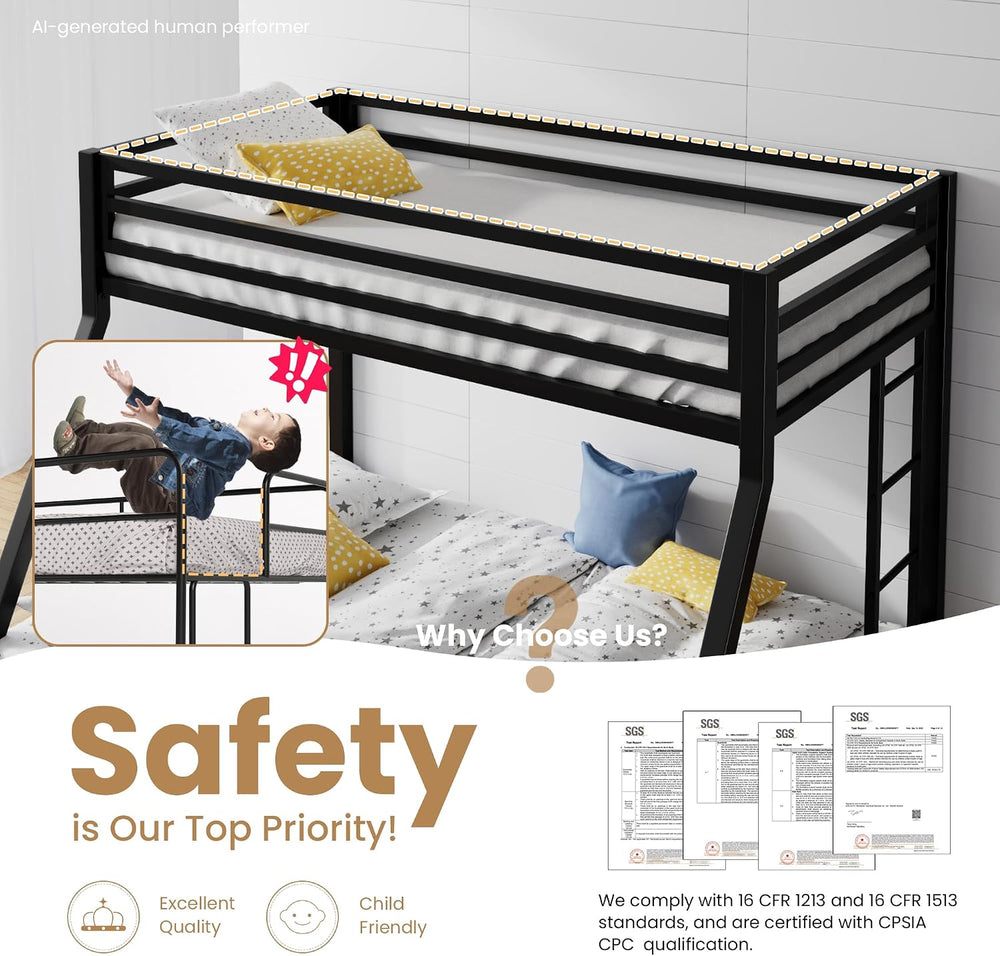 SHA CERLIN Bunk Bed Twin Over Full Size with Ladder and Guardrail,Black