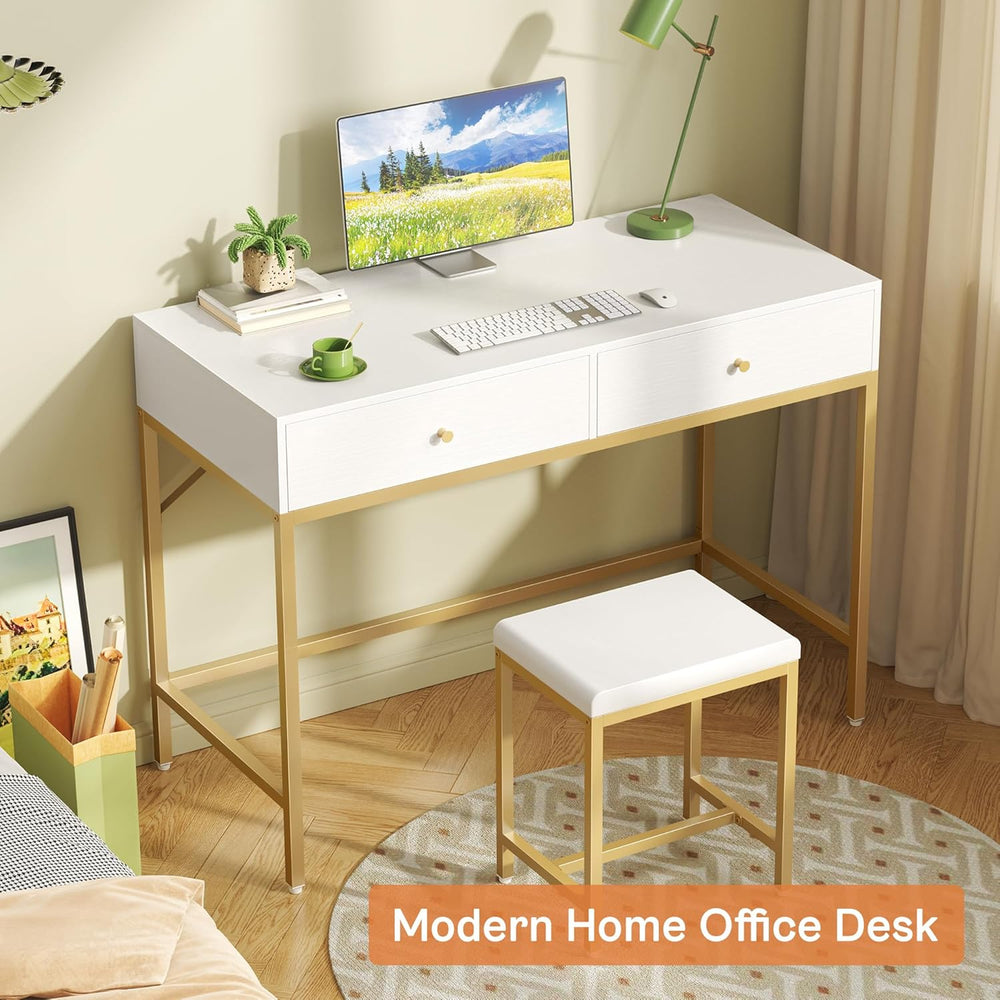 SUPERJARE 35.4" White and Gold Desk with 2 Drawers, Modern Makeup Vanity...