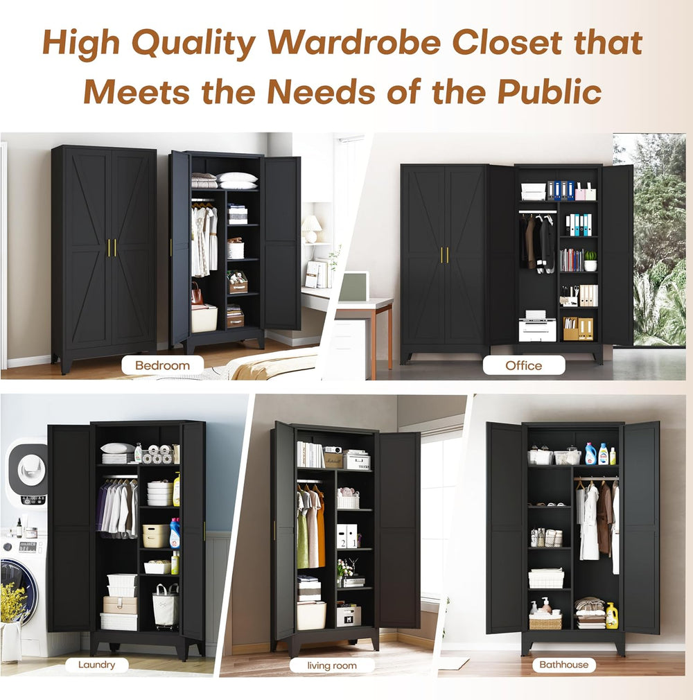 71" Metal Wardrobe Closet Clothing Storage Cabinet with Hanging Rod