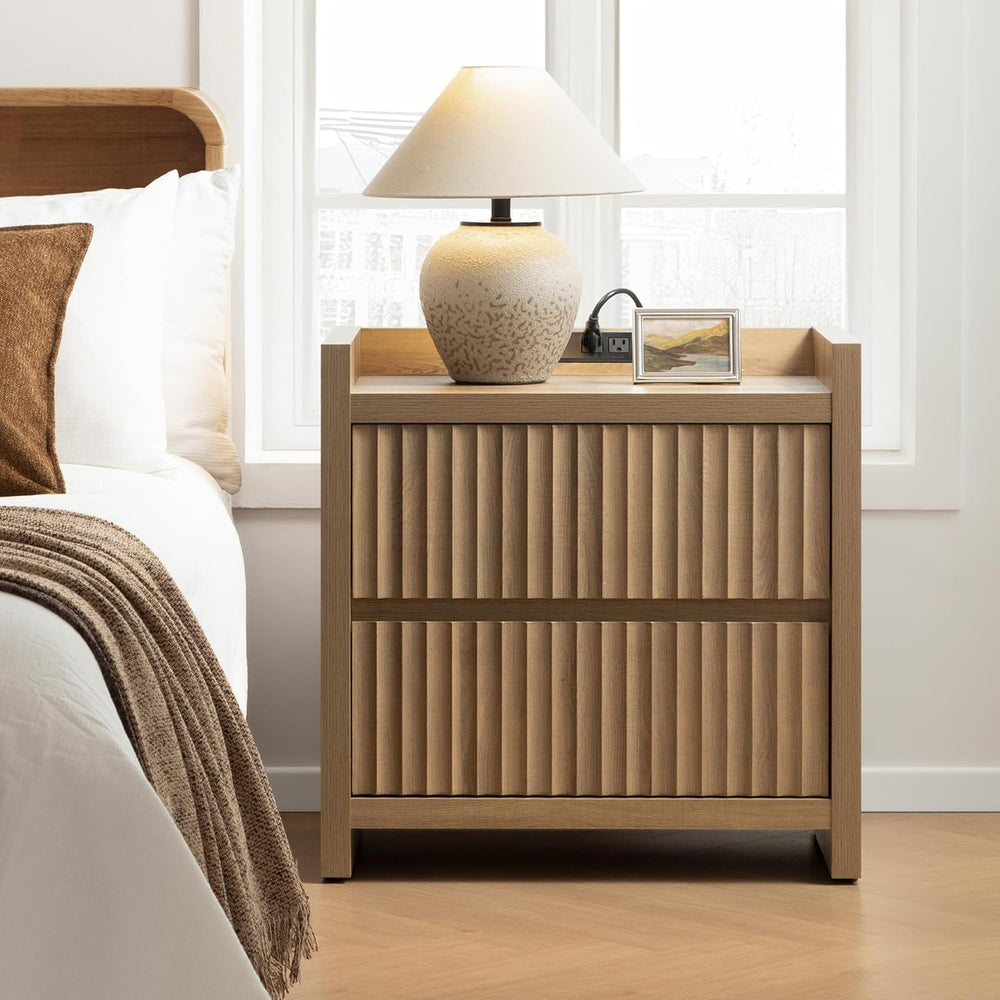 SICOTAS Night Stand Set 2 with Charging Station, Fluted Nightstands | Large M...