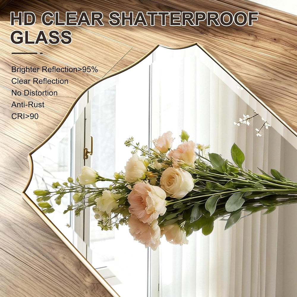 POZINO Scalloped Beveled Mirror 48"x18" Large Brushed Gold Bathroom...