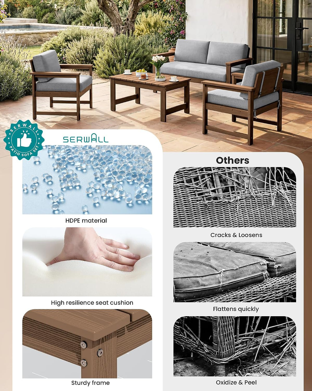 SERWALL 3 Pieces HDPE Outdoor Sofa Bistro Set with Cushions & Coffee Table