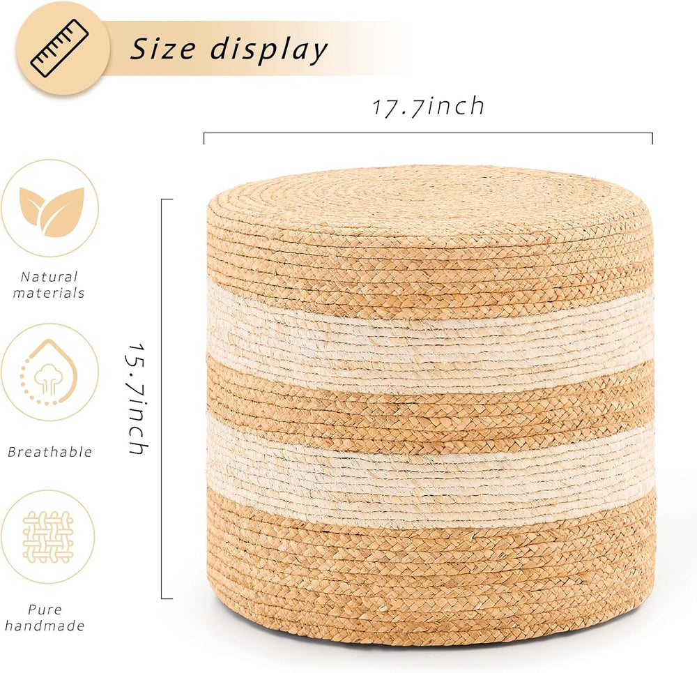 Handwoven Ottoman Pouf, Natural Water Hyacinth Footstool, Round Braided Outdo...