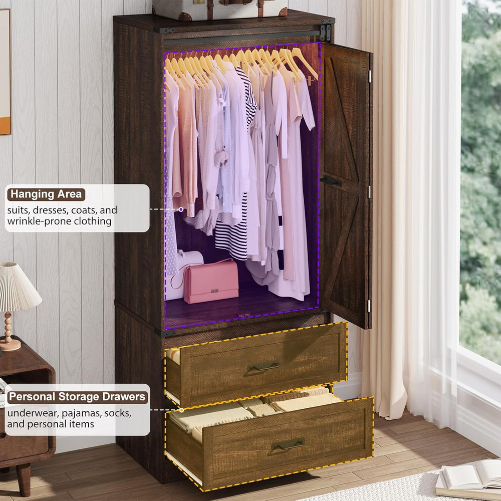 2 Doors Armoire Wardrobe Closet w/ Folding Sliding Barn Door,Brown