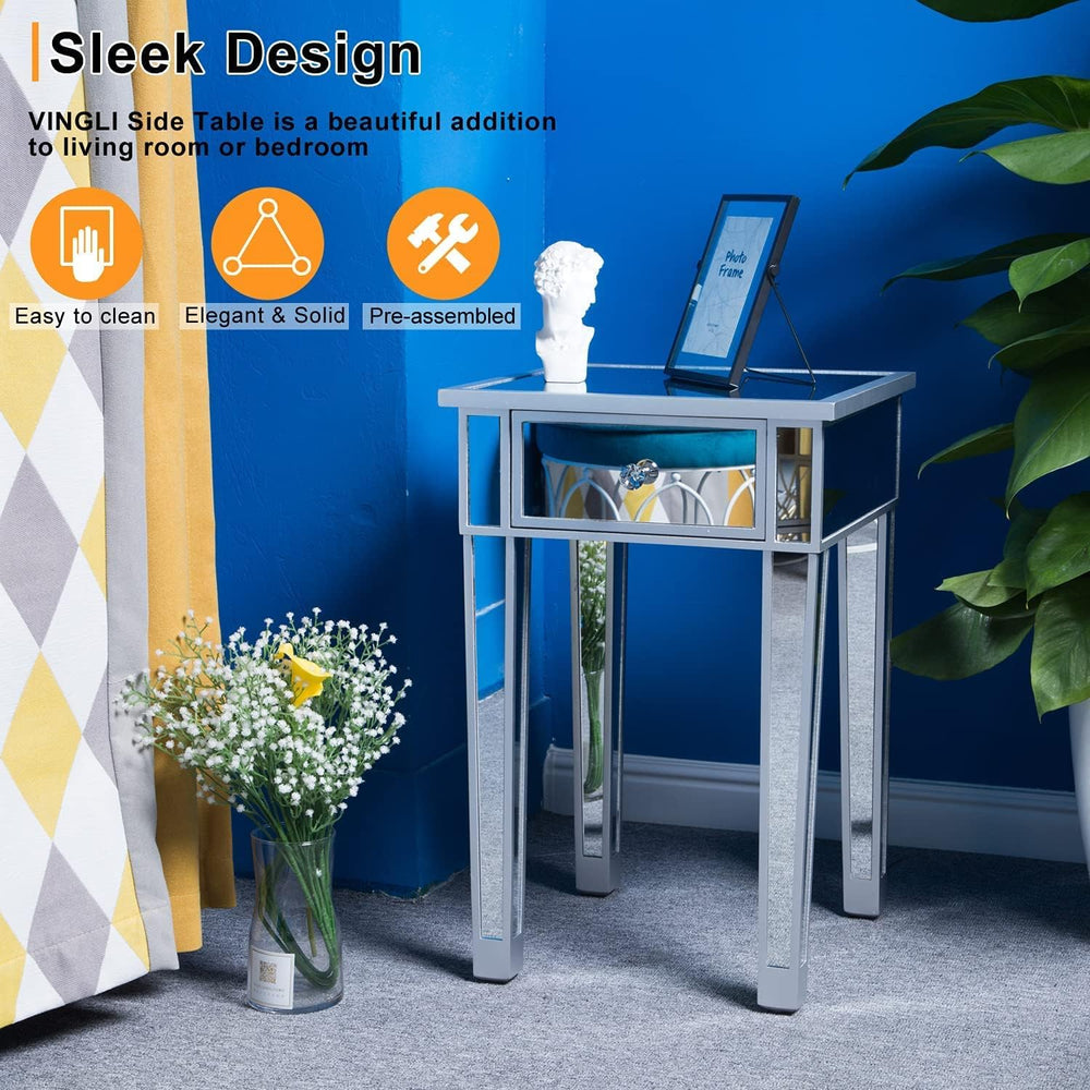 VINGLI Mirrored End Table with Drawer Silver Modern Nightstand/Bedside/Accent...