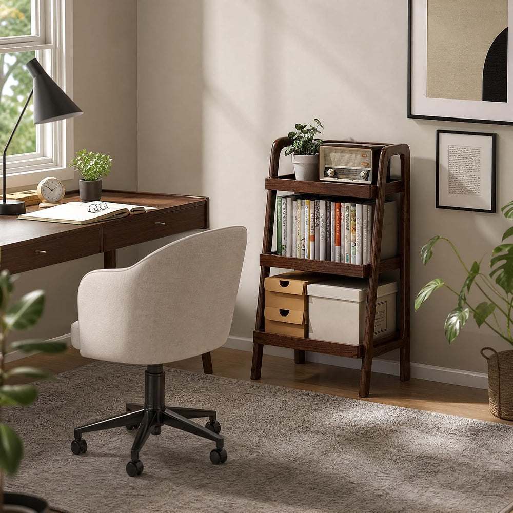 Solid Oak Small Bookshelf, 3 Tier Ladder Shelf Walnut Bookcase | Ladder books...