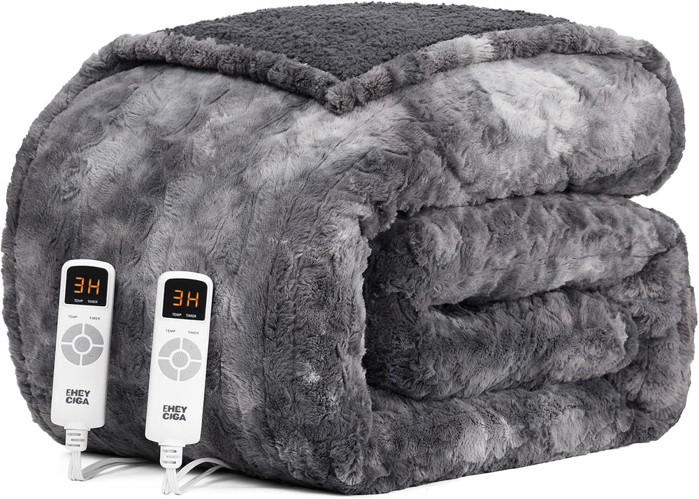 EHEYCIGA Electric Heated Queen Blanket, 9 Heat & 10H Auto-Off, Grey
