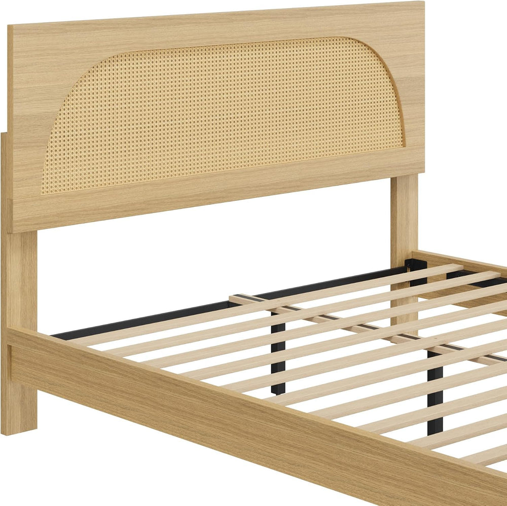 KISLOT Boho Rattan Bed Frame, Farmhouse Platform, Natural, Queen
