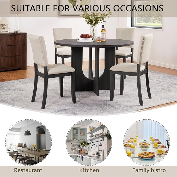 KEIKI 5-Piece Standard Height Dining Table Set with Round Table and 4 Upholst...