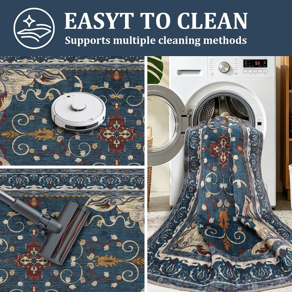 8x10 Area Rug for Large Living Room,Blue Retro Non-Slip Low Pile Rug Carpet