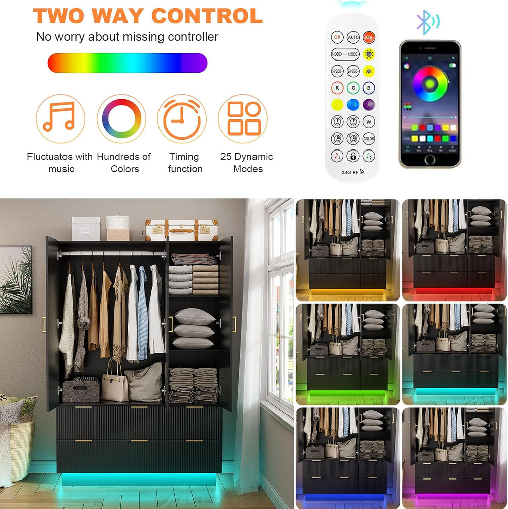 PAKASEPT Armoire Wardrobe Closet with 3 Door, Mirror, LED Lights