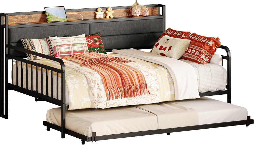 LIKIMIO Daybed with Trundle, Full Size Bed Frame, Black