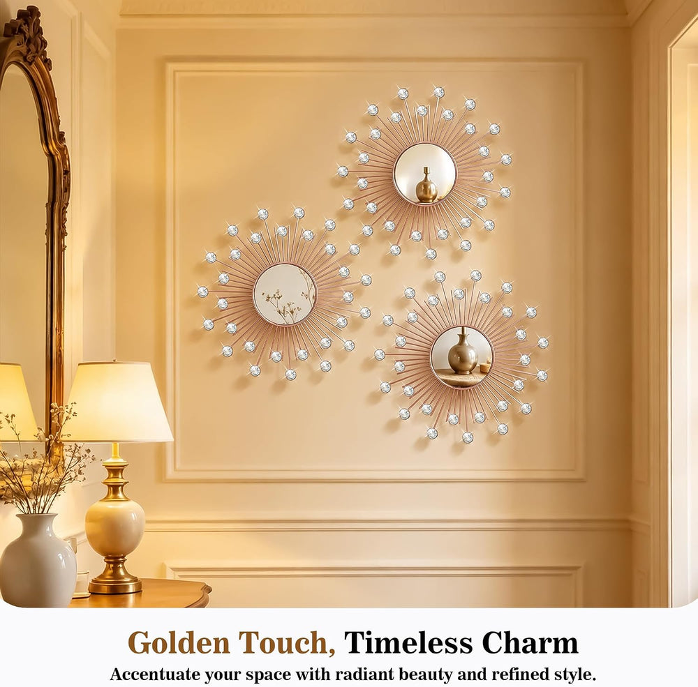 3 Pack Metal Mirrors for Wall Sunburst Wall Mirror Rose Gold Crystal Dรฉcor