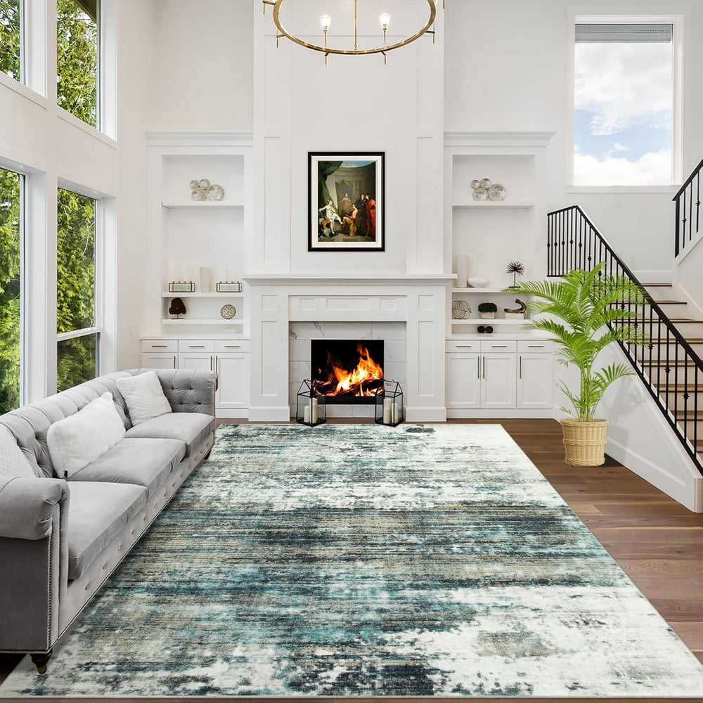 9x12 Area Rugs for Living Room: Washable Abstract Teal Green Badroom Carpet