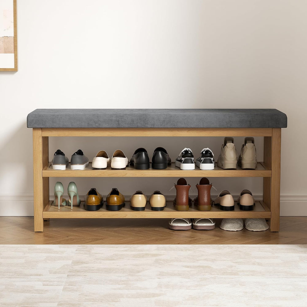 2 Tier Shoe Rack Bench with Cushion, Rubberwood Shoe Benches, Mid-Century Mod...