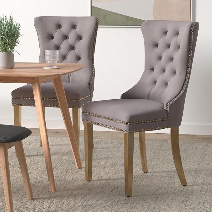 Grey Velvet Dining Chairs Set of 2, Upholstered Dining Room Chairs with Back ...