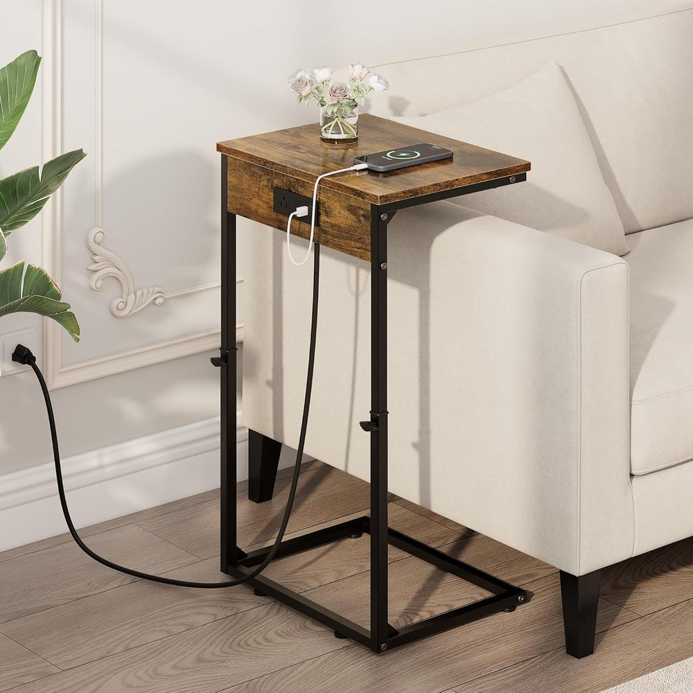 Vagusicc C Shaped End Table with Charging Station, Adjustable Height Side Tab...