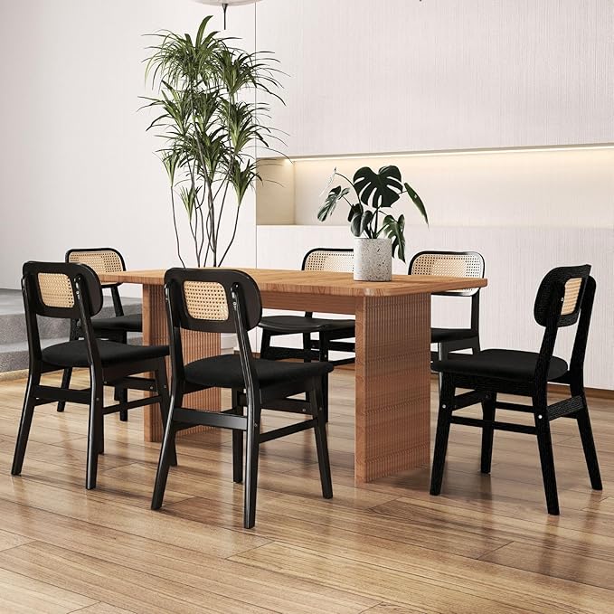 Black Rattan Dining Chairs Set of 6 Lambswool Dining Room Chairs Natural Wood...