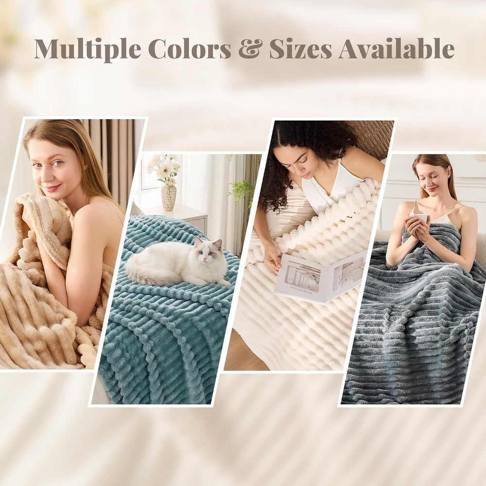 330GSM Ribbed Fleece Queen Blanket for Bed, Cream, 90"x90"