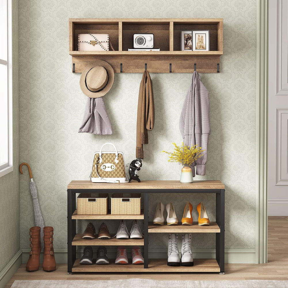 Tribesigns Coat Rack Set, Hall Tree, Industrial Shoe Bench, 3 Storage Cubbies...