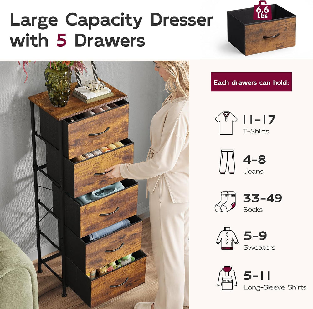 WLIVE Tall Dresser for Bedroom, 5 Drawer Dresser, Rustic Brown