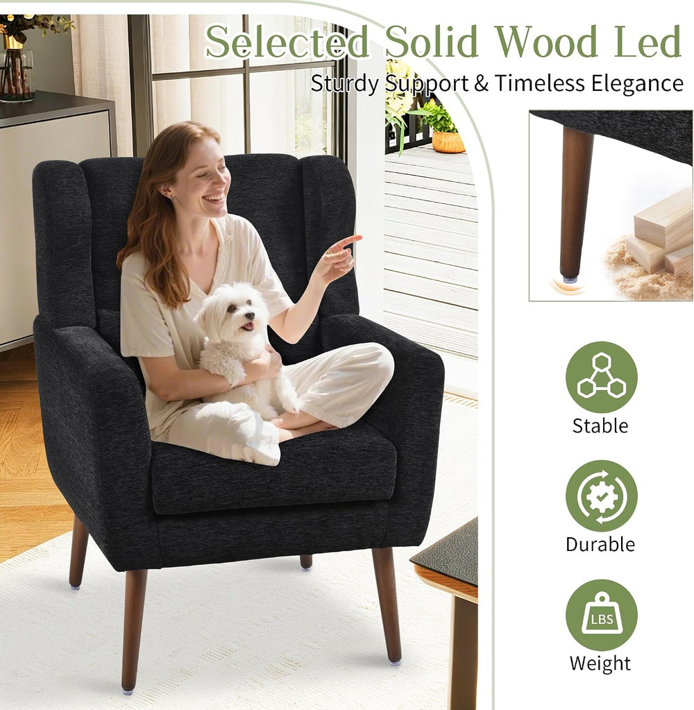 cinkehome Accent Arm Chairs for Living Room, Black Chenille Upholstered Morde...