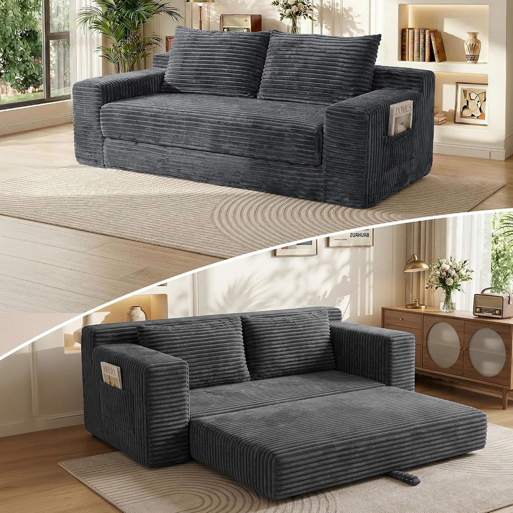 73" Convertible Sofa Bed, Corduroy Boneless Loveseat Sleeper, Gray