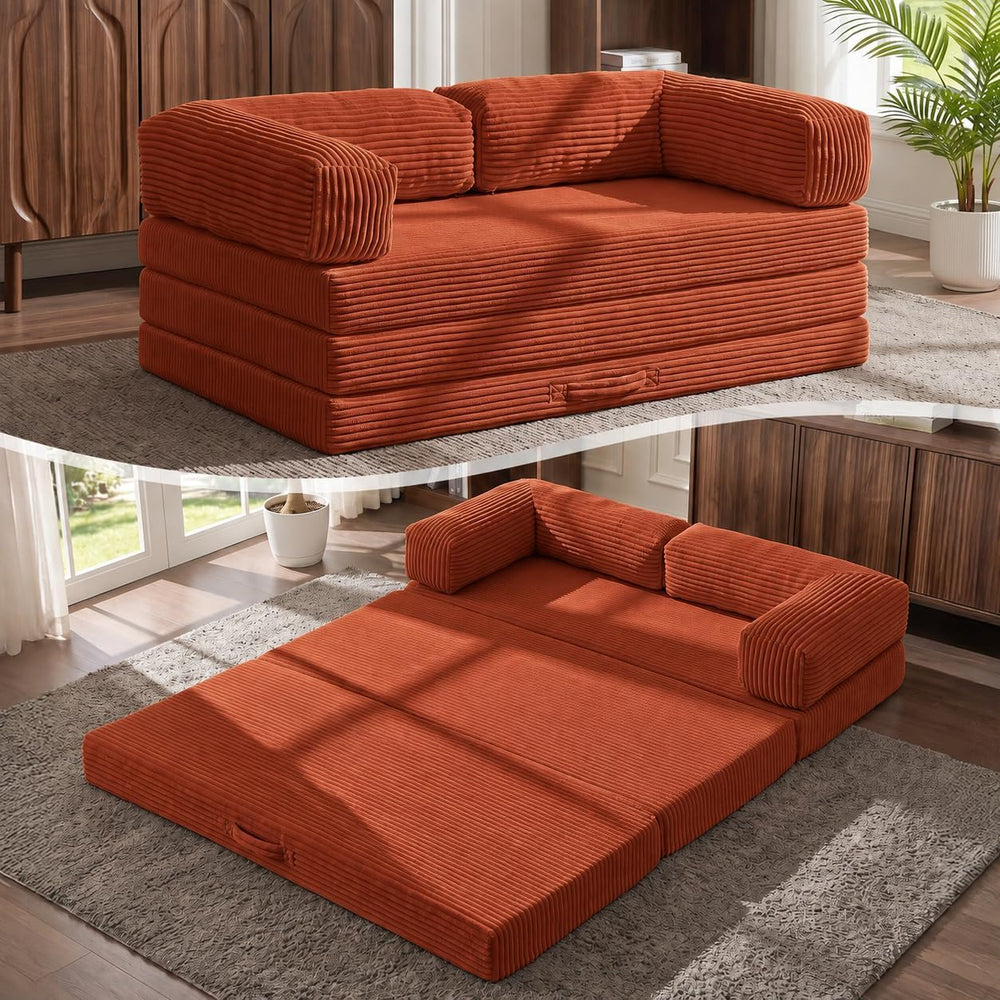 5-in-1 Convertible Sofa Bed,60" Boneless Couch with Pull Out Bed,Tri-Fol...