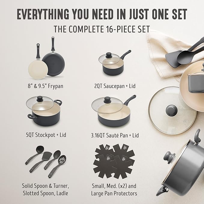 GreenLife 16-Piece Nonstick Cookware Set, Non-Toxic Ceramic Pots and Pans Set