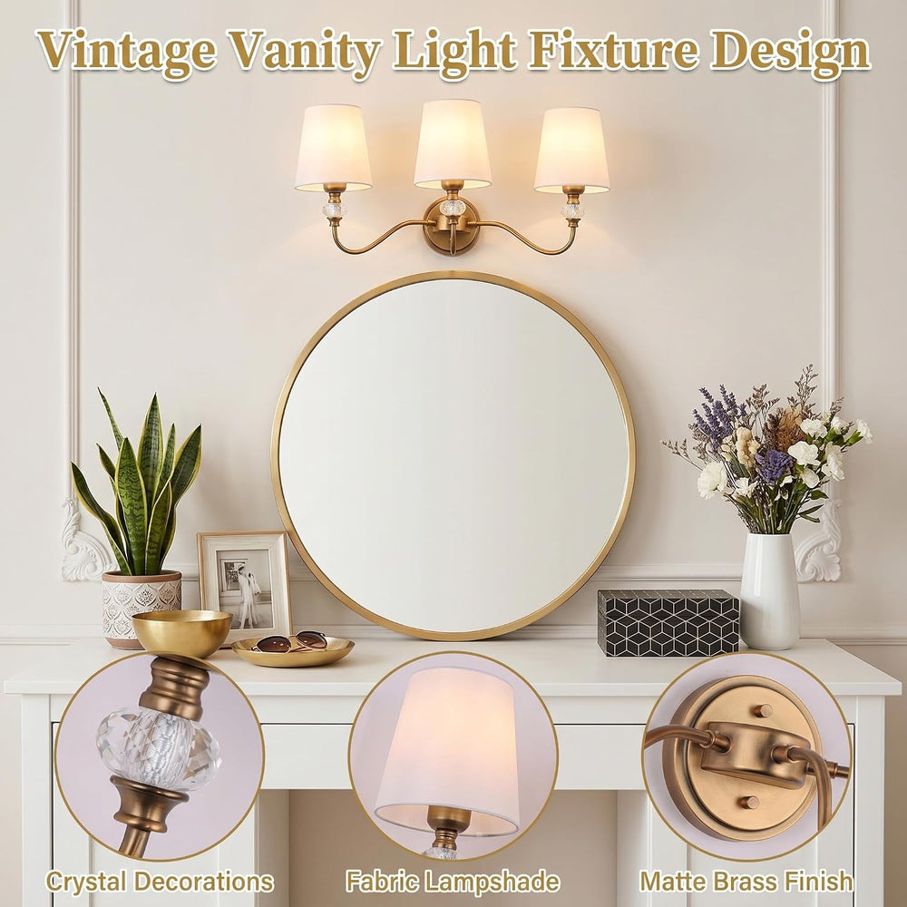 3-Light Vintage Bathroom Vanity Light Fixtures Over Mirror, Brass Vanity Ligh...