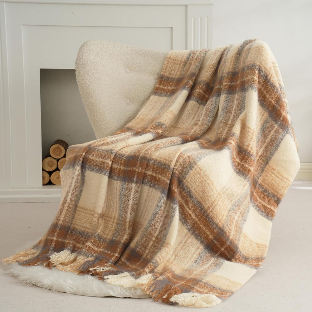 Battilo Beige Plaid Throw Blanket for Couch, Mohair Tartan Blanket 50"x6...
