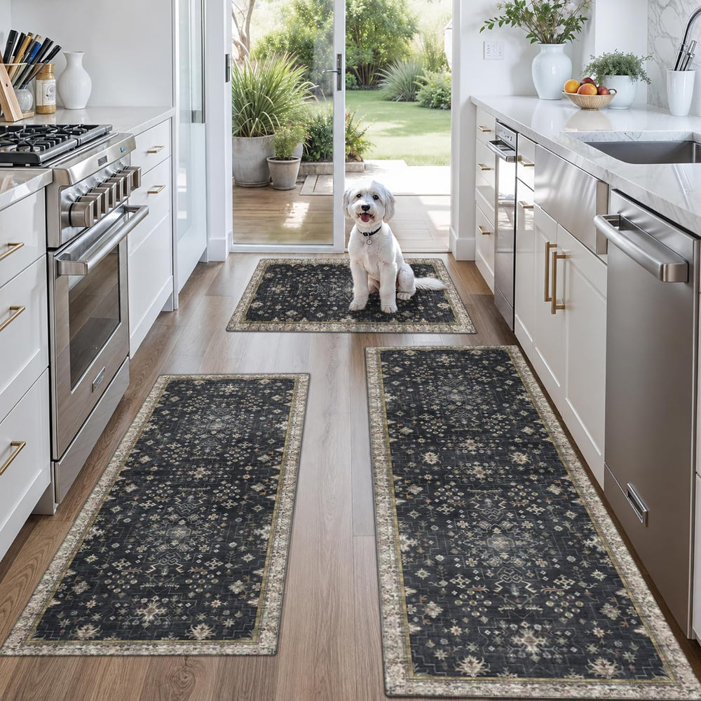 Black Boho Kitchen Rugs Set of 3, Non-Slip Machine Washable Kitchen Floor Mat...