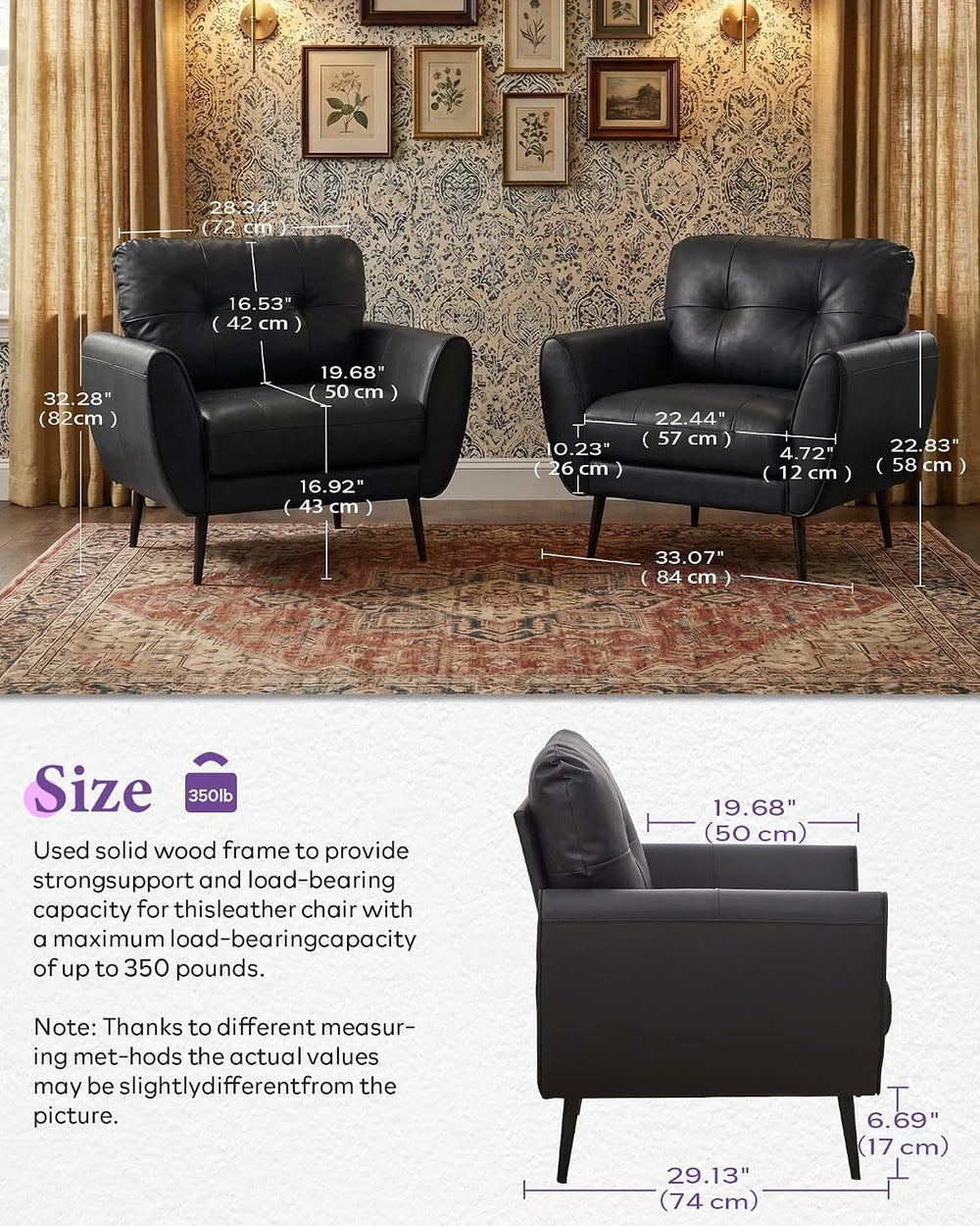 Black Leather Accent Chairs Set of 2, Tufted Reading Chairs for Living Room