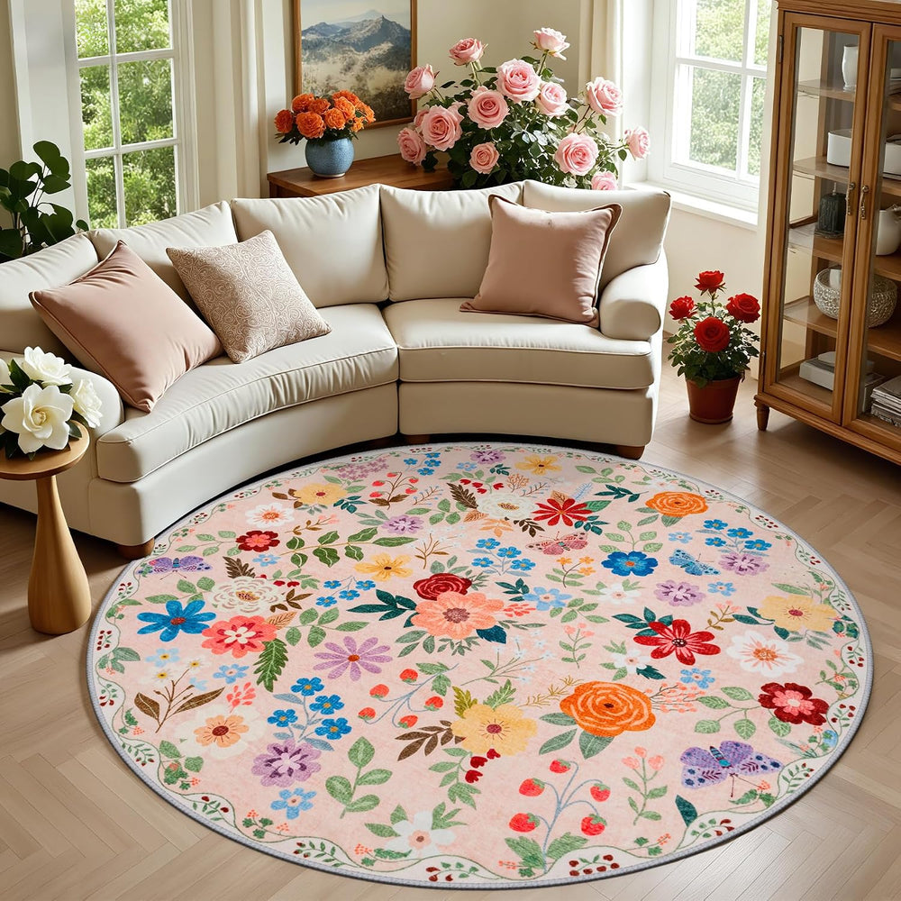 Round Area Rug for Living Room: 6 ft Floral Washable Circle Rug Soft Boho