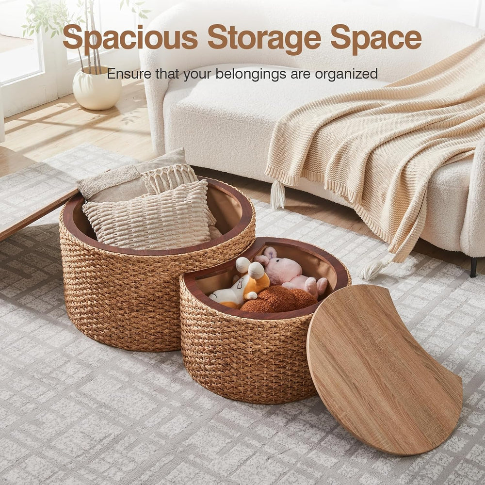 Round Nesting Coffee Table Set of 2 with Storage - Handwoven Wicker Rattan Ot...