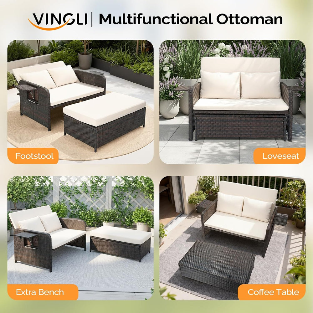 VINGLI Patio Daybed, Wicker Outdoor Daybed with Storage Ottoman & 5-Level...