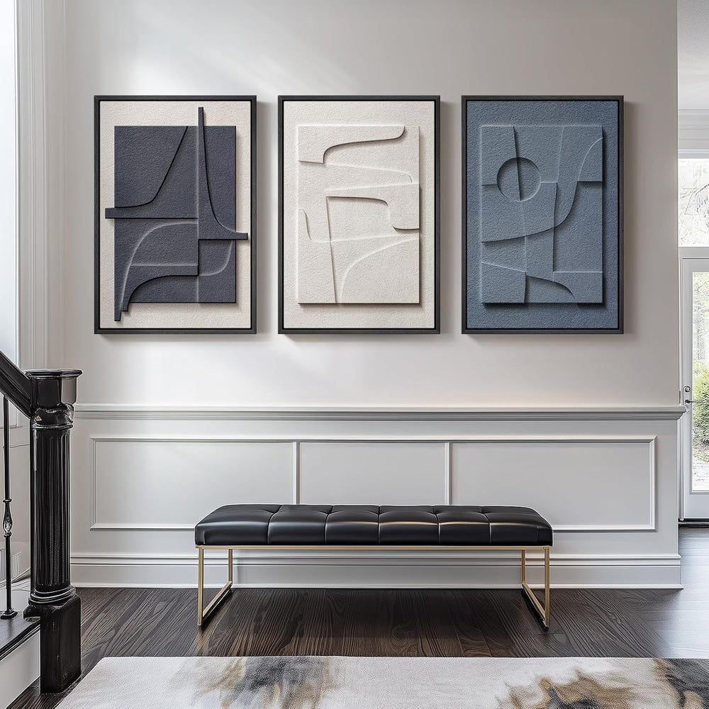 Large Framed Blue Abstract Wall Art for Living Room, Modern 3D Artwork