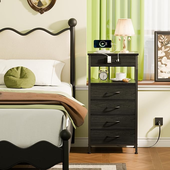 Furnulem Night Stand with Charging Station, 4 Drawer Dresser with Storage She...