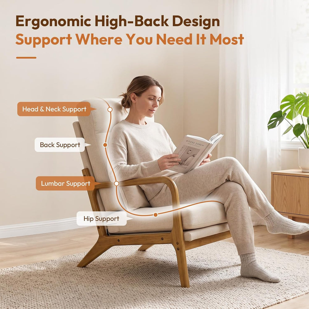 Bonnlo High Back Linen Beige Mid Century Modern Accent Chair, Soild Wood Padd...