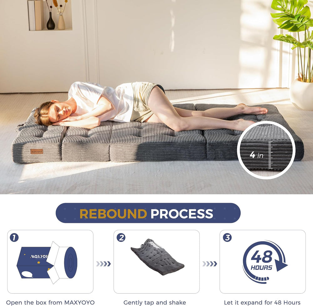 MAXYOYO Foldable Sofa Couch Bed, 4 Inch Tufted Folding Couch, Portable Floor ...