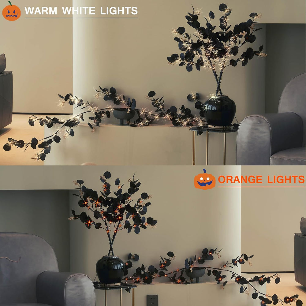 Hairui Lighted Black Eucalyptus Garland with Timer 96 LED Orange and Warm Whi...