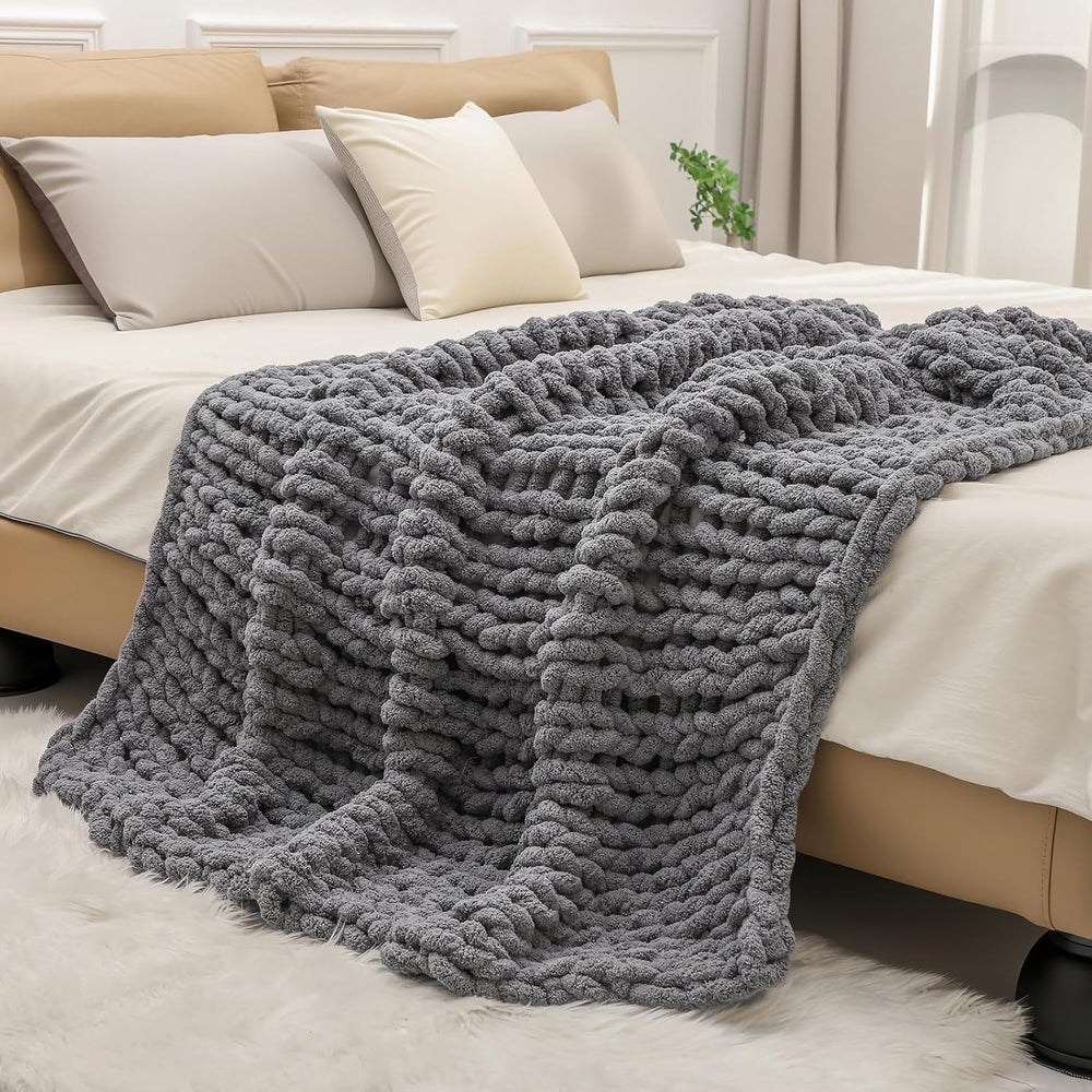 bearberry Chunky Knit Handmade Throw Blanket 50x60 Jumbo Chenille Dark Gray