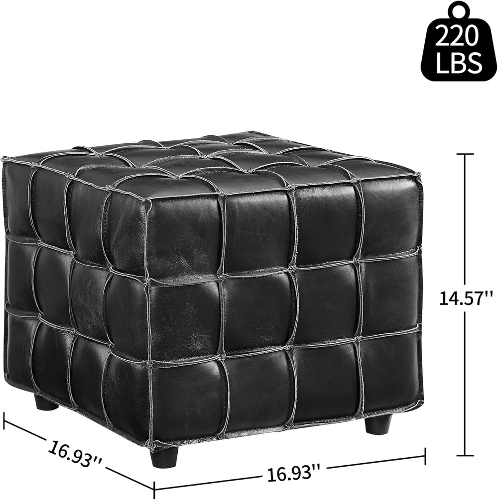 Art Leon Tufted Square Ottoman Leather Footstool Modern Foot Rest Black