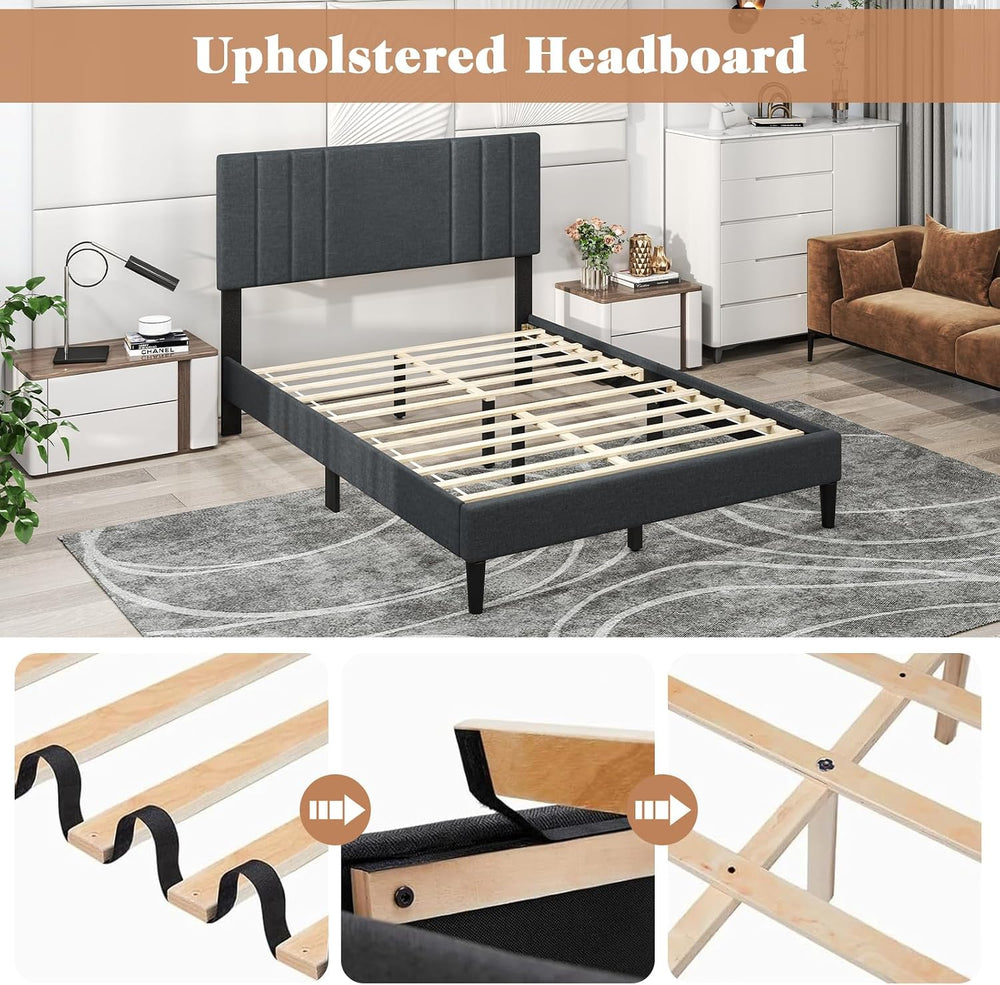 GIANTEX Full Size Platform Bed Frame, Modern Upholstered Bed Frame with Verti...