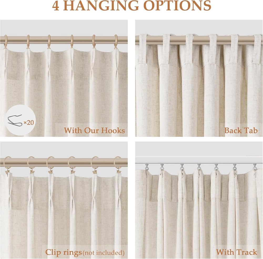 Aersas Linen Pleated Curtains 96 Inches Long for Living Room 2 Panels Cream