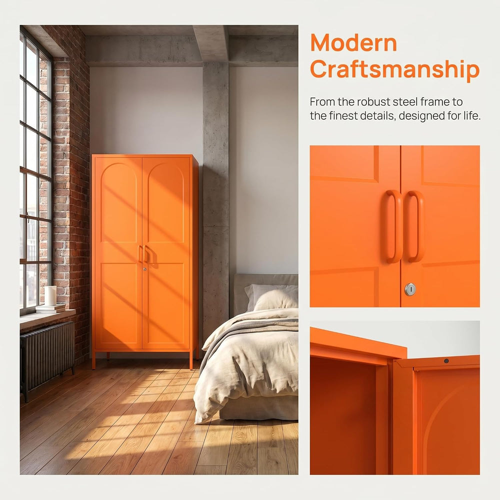 Orange Lockable Armoire Wardrobe Closet Storage Cabinet with Hanging Rod, 67&...